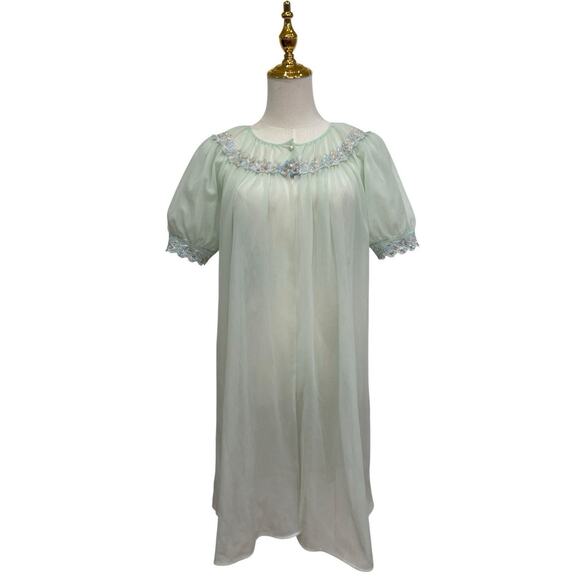 Vintage 50s Green Nylon Sheer Chiffon Embroidered Peignoir Dressing Robe Size L - Picture 3 of 8